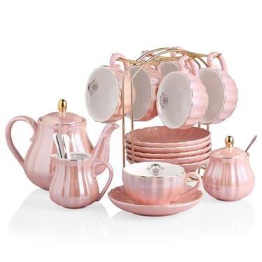 Imagem de Conjuntos de chá de porcelana British Royal Series, 236 ml xícaras e pires serviço para 6, com bule de açúcar, jarra de creme, colheres de chá e coador de chá para chá/café, Pukka Home (rosa coral)