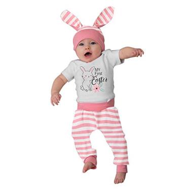 Imagem de Macaquinho infantil menina coelho menino roupas de Páscoa estampado + conjunto de roupas de Páscoa listradas para meninas, rosa, 6-9 Meses