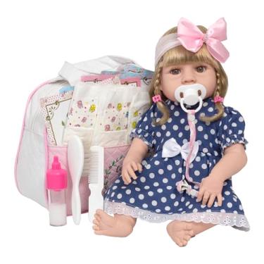 Imagem de Boneca Bebê Reborn Menina Loira Vestido Bolinha Kit Completo