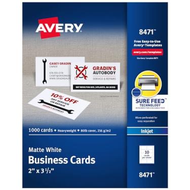Imagem de Avery Cartões de visita imprimíveis com tecnologia Sure Feed, 5 cm x 9 cm, branco, 1.000 cartões de visita em branco, papel para impressora jato de tinta (8471)