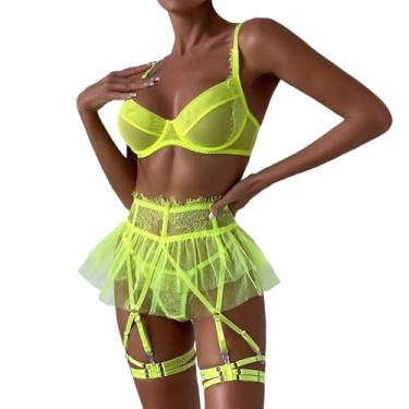Imagem de Conjunto de lingerie feminina adulto lingerie sexy de malha transparente cosplay lingerie plus size linda lingerie de renda, Amarelo, M