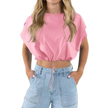 Imagem de Tankaneo Camisetas femininas de verão, manga cavada, gola redonda, bainha com cordão, casual, caimento solto, rosa, P