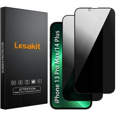 Imagem de Lesakit Pacote com 2 películas protetoras de tela para iPhone 13 Pro Max/iPhone 14 Plus de 6,7 polegadas, película de vidro temperado antiespionagem anti-impressão digital, sem bolhas