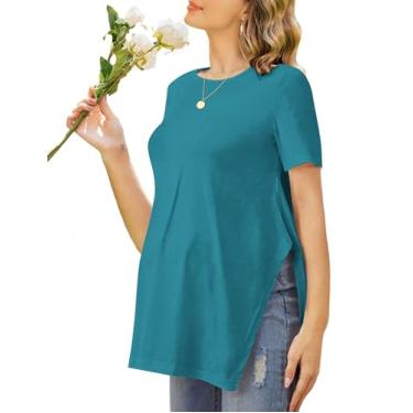 Imagem de Ekouaer Camisas femininas de gestante de manga curta blusas de gravidez laterais divididas casual gola redonda túnica grávida camiseta, Azul-petróleo, XXG