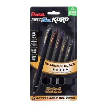 Imagem de Pentel Caneta de gel líquido retrátil EnerGel Kuro, tons de preto, ponta de 0,7 mm, tinta preta sortida, pacote com 5 canetas (BL437PF5MA)