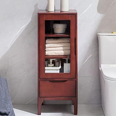 Imagem de Armário de banheiro independente para casa moderna, armário de armazenamento de entrada de madeira com portas, 2 gavetas, para banheiro, sala de estar, cozinha, vermelho-marrom