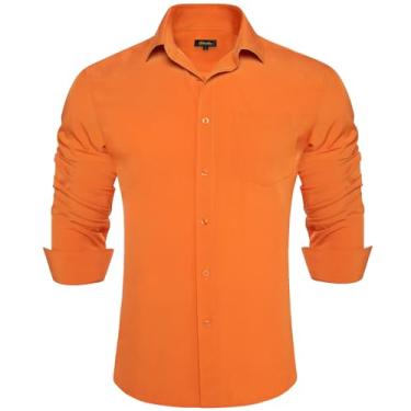Imagem de DiBanGu Camisas sociais lisas para homens, camisa casual de manga comprida, com botões, caimento regular, sem rugas, com bolso, Laranja queimada, XXG