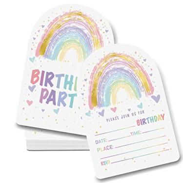 Imagem de Convites de festa de aniversário arco-íris - Convites de aniversário coloridos para meninos ou meninas, decoração Boho Rainbow Party/chá de bebê suprimentos para crianças, adolescentes e adultos (20