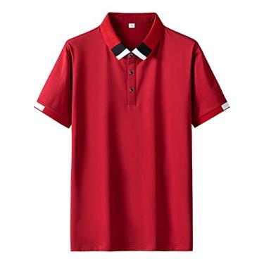 Imagem de Polos masculinos de algodão com gola listrada, camiseta de tênis de cor sólida, ajuste regular, estiramento, leve, externo, macio (Color : Red, Size : XXXXL)