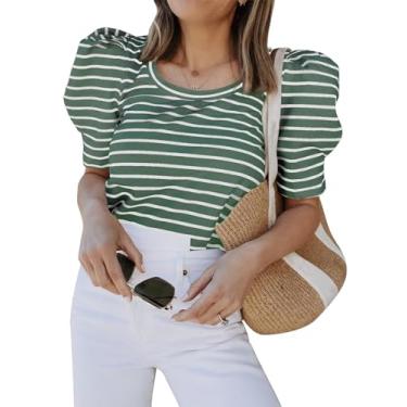 Imagem de Tankaneo Camiseta feminina casual de verão, listrada, manga curta, folgada, túnica, Verde escuro, M