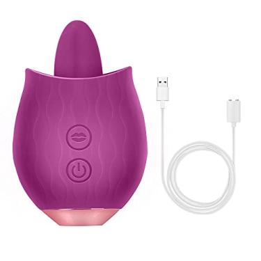 Imagem de NOPNOG Vibrador de língua em formato de rosa para estimulador feminino, clitóris e ponto G, 10 modos de lamber a língua e 10 modos de vibração, impermeável, carregamento USB (roxo)
