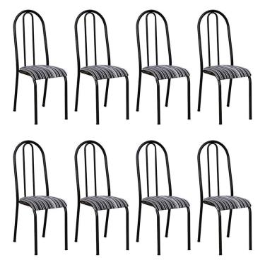 Imagem de Kit 8 Cadeiras De Cozinha Flórida Estampado Preto Listrado Pés De Ferro Preto