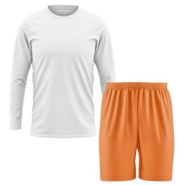 Imagem de Kit Calção Short Futebol Basquete Laranja + Manga Longa Masculina Segunda Pele Dry-Masculino
