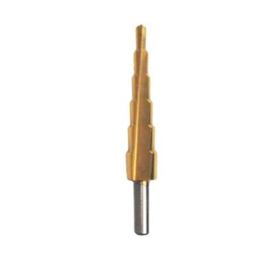 Imagem de HHIP 5000-0501 High Speed Steel Step Drill with 6 Steps, Tin Coated, 3/16-1/2" x 1/16" Hole Range, 3/8" Step Depth, 1/4" Shank