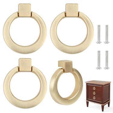 Imagem de Brosay Puxadores de gaveta de anéis redondos antigos puxadores de armário cômoda ouro escovado puxadores de armário para móveis ferragens maçaneta de porta de armário 4 peças (cobre escovado)