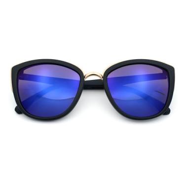 Imagem de SA106 Óculos de sol femininos com lentes espelhadas coloridas grandes olho de gato, Black Blue, One Size