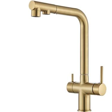 Imagem de Torneira de pia de cozinha filtrada com puxador para baixo 2 alças 3 em 1 filtro de água purificador torneira de água potável, ouro escovado