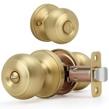 Imagem de LOQRON Maçaneta de porta de esfera plana dourada escovada com fechadura, design redondo de privacidade sem chave para banheiros/quartos, acabamento em latão acetinado