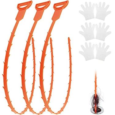Imagem de Pacote com 3 ferramentas removedoras de tamancos, ferramenta de limpeza de ralo de cobra, ferramenta de limpeza de ralo de cabelo Wisekoti de 50 cm para banheiras, chuveiros, pia de cozinha, 3 pares de luvas descartáveis gratuitas.
