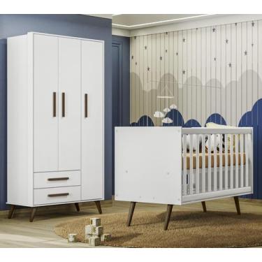 Imagem de Quarto de Bebê Guarda Roupa com Berço Mini Cama Q Encanto Retrô Branco