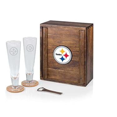 Imagem de PICNIC TIME NFL Pittsburgh Steelers Conjunto de cerveja artesanal Pilsner com 2 copos de cerveja, presente para amantes de cerveja, (madeira de acácia)