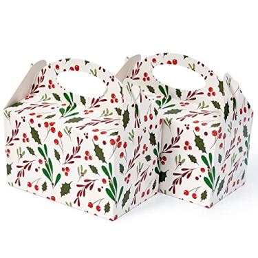 Imagem de Happyhiram Caixas de lembrancinha de festa de Natal vermelho azevinho com alça, 12 peças caixas de papel de doces florais de inverno de 15 cm pequenas caixas de presente sacos de lembrancinhas de festa para crianças lanche guloseimas holiay biscoitos para dar de presente