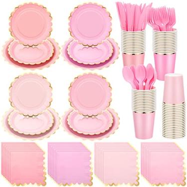 Imagem de Yaomiao Conjunto de louça descartável, 168 peças, suprimentos de festa, pratos de papel recortado, copos, guardanapo com folha dourada, garfos de plástico, facas, colheres servem 24 convidados para