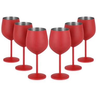 Imagem de Lifecapido Conjunto de 6 taças de vinho de aço inoxidável de 532 ml, taças de vinho de metal com haste com escova para festa, escritório, casamento, aniversário, ótimo para vinho branco tinto (vermelho)