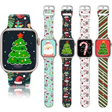 Imagem de Pacote com 4 pulseiras de relógio de Natal compatíveis com Apple Watch de 38 mm, 40 mm, 41 mm, 42 mm, 44 mm, 45 mm, 49 mm, iWatch Series SE 8 7 6 5 4 3 2 1, Papai Noel boneco de neve pulseira esportiva de silicone para mulheres e homens