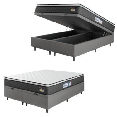 Imagem de Cama Box Baú Casal Queen Colchão Espuma D33 Pillow Top Millenium 158x198x60cm Suede Hellen – Suporta Até 120 Kg Por Pessoa (Cinza/Branco)