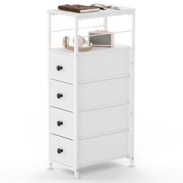 Imagem de YBING Cômoda estreita para quarto, mesa lateral fina com gaveta, armário de armazenamento com 4 gavetas de tecido, cômoda para espaços pequenos, branca