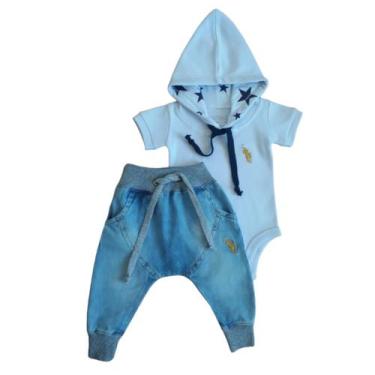 Imagem de Kit  Bebê 2 Peças Sendo 1 Body Suedine com Capuz e 1 Calça Jeans - Pat