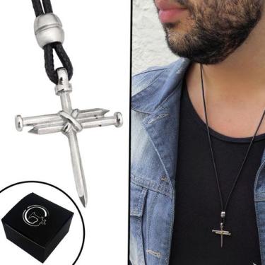 Imagem de Colar de Couro Prata Masculino Pingente Cruz Crucifixo Prego Regulável