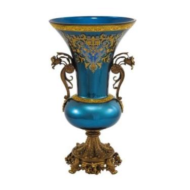 Imagem de Ânfora Cristal Azul Ouro Prensado Alças e Base Bronze Luxo - LUXdécor