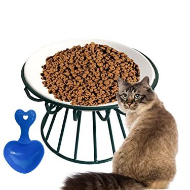 Imagem de MUYG Tigelas de cerâmica para gatos com suporte de metal, tigela elevada para gatos elevados, comida e água, prato raso para gatos, filhotes e cães pequenos (verde)