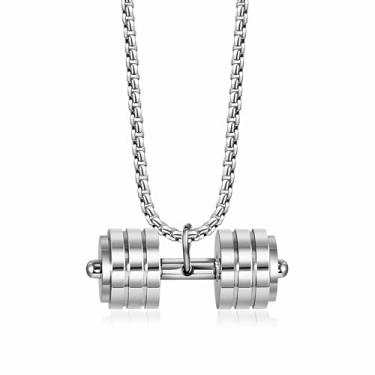 Imagem de SeiMios Colar com pingente de haltere para academia, academia, joias esportivas de aço inoxidável para homens, Aço inoxidável, Sem Pedra Preciosa