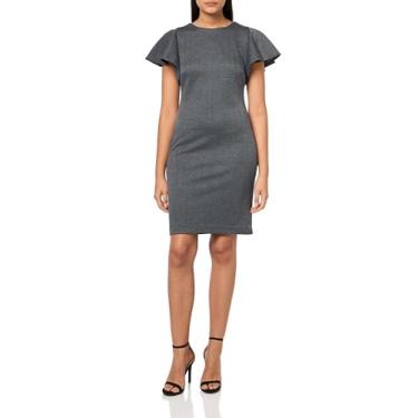 Imagem de Tommy Hilfiger Vestido feminino de comprimento médio com manga esvoaçante em espinha de peixe, Preto/cinza escuro, 7