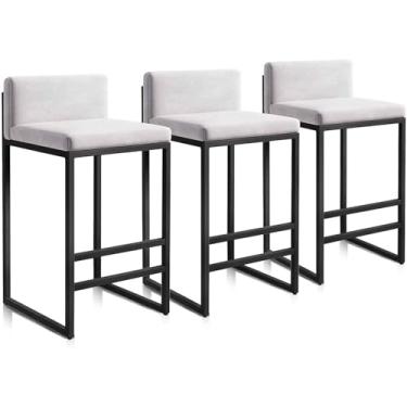 Imagem de Conjunto de 3 bancos de bar de café da manhã, banquetas de veludo para cozinha, cadeiras de bar modernas com encosto e estrutura de metal preta, carga 150 kg/300 lbs, branca, 65 cm