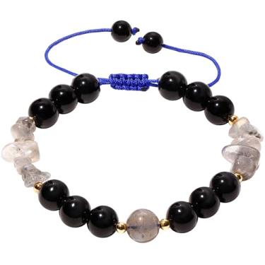 Imagem de Xfoxstal Pulseiras ajustáveis feitas à mão com contas de obsidiana preta e pedra da lua, pulseiras de proteção de lascas de cristal espiritual para mulheres, presentes de amor, Medium, Pedra,