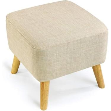 Imagem de Banqueta quadrada de madeira estofada para cadeira otomana, cobertura de tecido, 4 pernas e capa de linho removível (branca), tamanho único