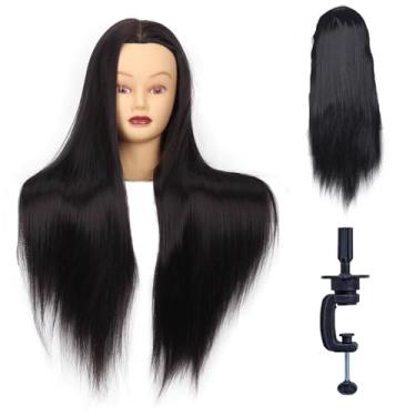 Imagem de Cabeça de manequim com cabelo cabeça de treinamento de 66 cm manequim cosmetologia cabeça de boneca fibra sintética cabeleireiro salão de beleza modelo de cabeça de treinamento com grampo livre (cor