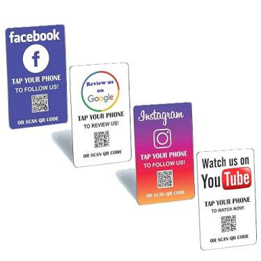 Imagem de Tap and Share Compartilhamento sem contato (pacote com 4) | Veja-nos no YouTube | Instagram Connect | Avalie-nos no Google | Cartão Facebook Connect | Smart NFC + QR code