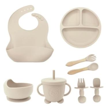Imagem de Kit Introdução Alimentar Bebe 8 Peças Silicone Iniciação Para Alimentos Livre de BPA Atóxico Antibacteriano Seguro Sem Pontas Colher, garfo, copinho, pote e pratinho Criança 6 meses (Cinza)