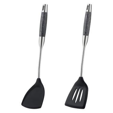 Imagem de FJNATINH Conjunto de ferramentas de espátula e concha de silicone wok, antiaderente, resistente ao calor, cabo de madeira, preto, 2 peças