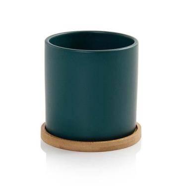 Imagem de Vaso Cachepot com Prato de Bambu Verde Fosco M Cube Pozzani