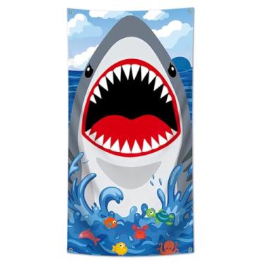 Imagem de DecrPlus Tapeçaria de bandeira de tubarão faixa de fundo de aniversário de tubarão bandeira de ataque de tubarão para decoração de parede de porta de festa infantil tema tubarão oceano suprimentos de