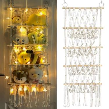 Imagem de Rede ou rede de armazenamento de animais de pelúcia com luz de LED, organizador de brinquedos de canto sobre a porta, suporte de animais de pelúcia para pendurar na parede para armário, berçário,