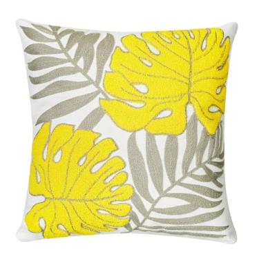 Imagem de GENVER Capa de almofada bordada com folhas tropicais cinza claro amarelo Monstera, decoração floral para sofá de fazenda, sala de estar, sofá, quarto, cadeira de escritório, loja de 45 x 45 cm