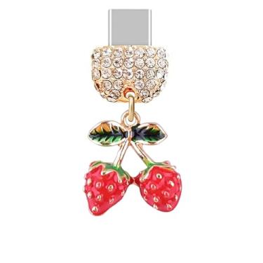 Imagem de ELISE & FONDA TP525 Tipo-C porta de carregamento cristal antipoeira pequeno 3D Cherry pingente de celular para iPhone 16/15/Samsung/OnePlus/Xiaomi/oppo telefones Android (vermelho), approx. 1.75 cm