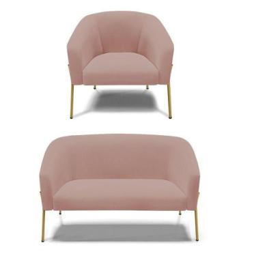 Imagem de Sofá Namoradeira E Poltrona Pé De Ferro Dourado Stella Veludo Rosê D03